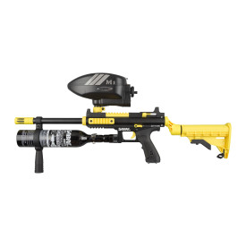 SABRE 0.68 Caliber Yellow Accented Fully Pneumatic Semi-Automatic Carbine Launcher w/ Collapsible Stock, 30 Inch HPA, Spring Loaded Hopper & Front Forward Mounted Grip